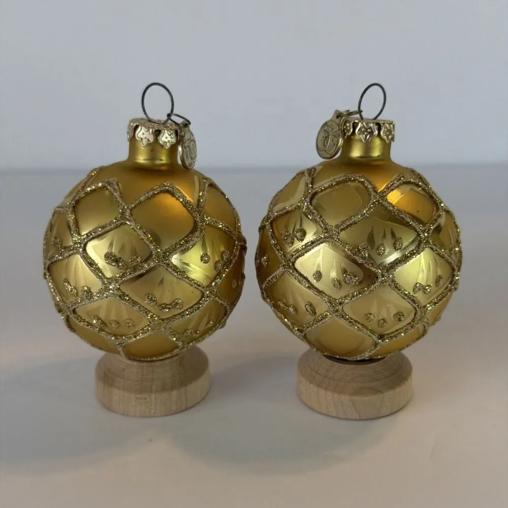2 Department 56 Gold Christmas Glitter Glass Ornaments Geometric Balls Holiday
